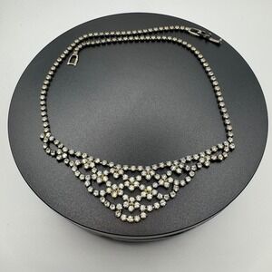 60s Rhinestone Choker for Women, Vintage Costume Jewelry Bib Necklace D14Q